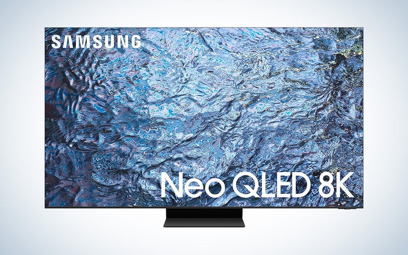 Samsung Neo QLED 8K TV showing a watery blue screen saver