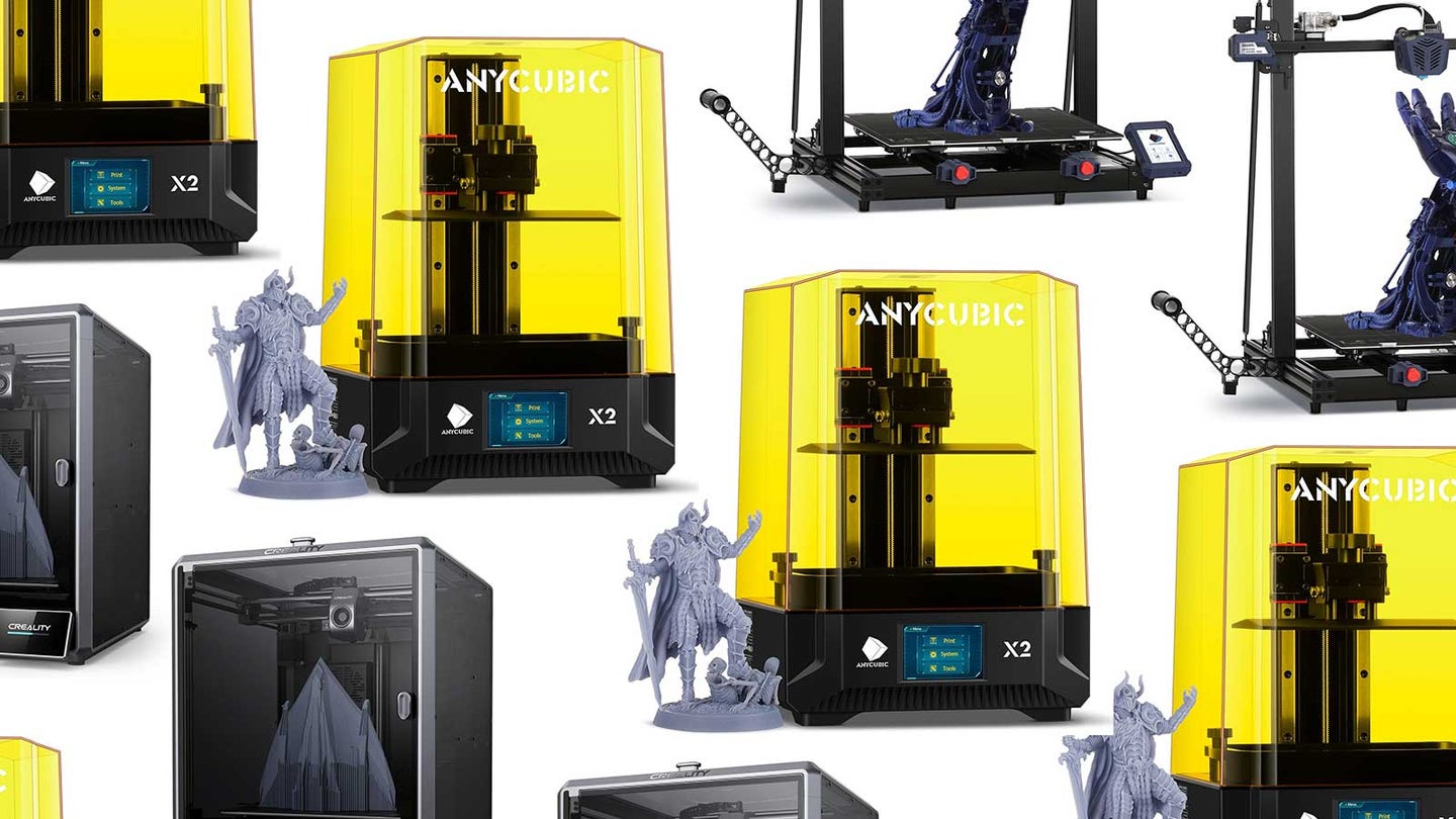 The best 3D printers on-sale for black friday from Creality, Anycubic arranged in a grid on a plain background