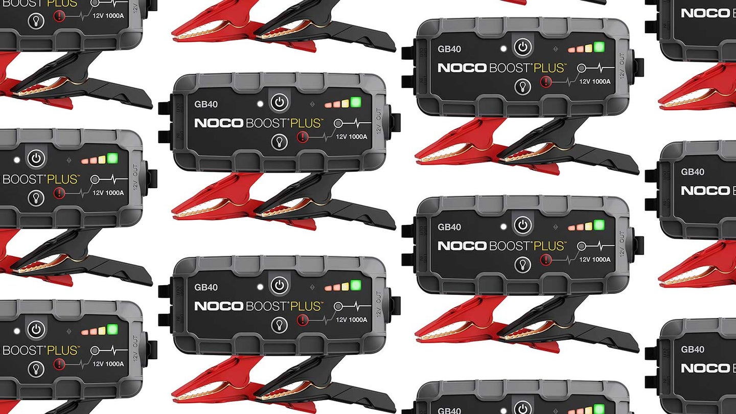 Car jump starter Cyber Monday deals arranged in a pattern on a plain background.
