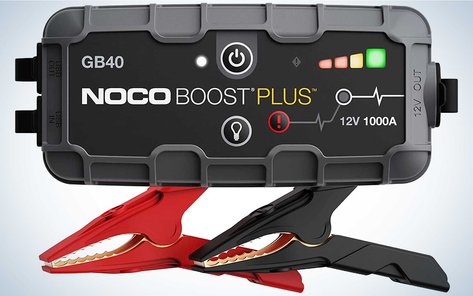 Noco Boost Plus car jump starter with its clamps on a plain background on-sale for Cyber Monday