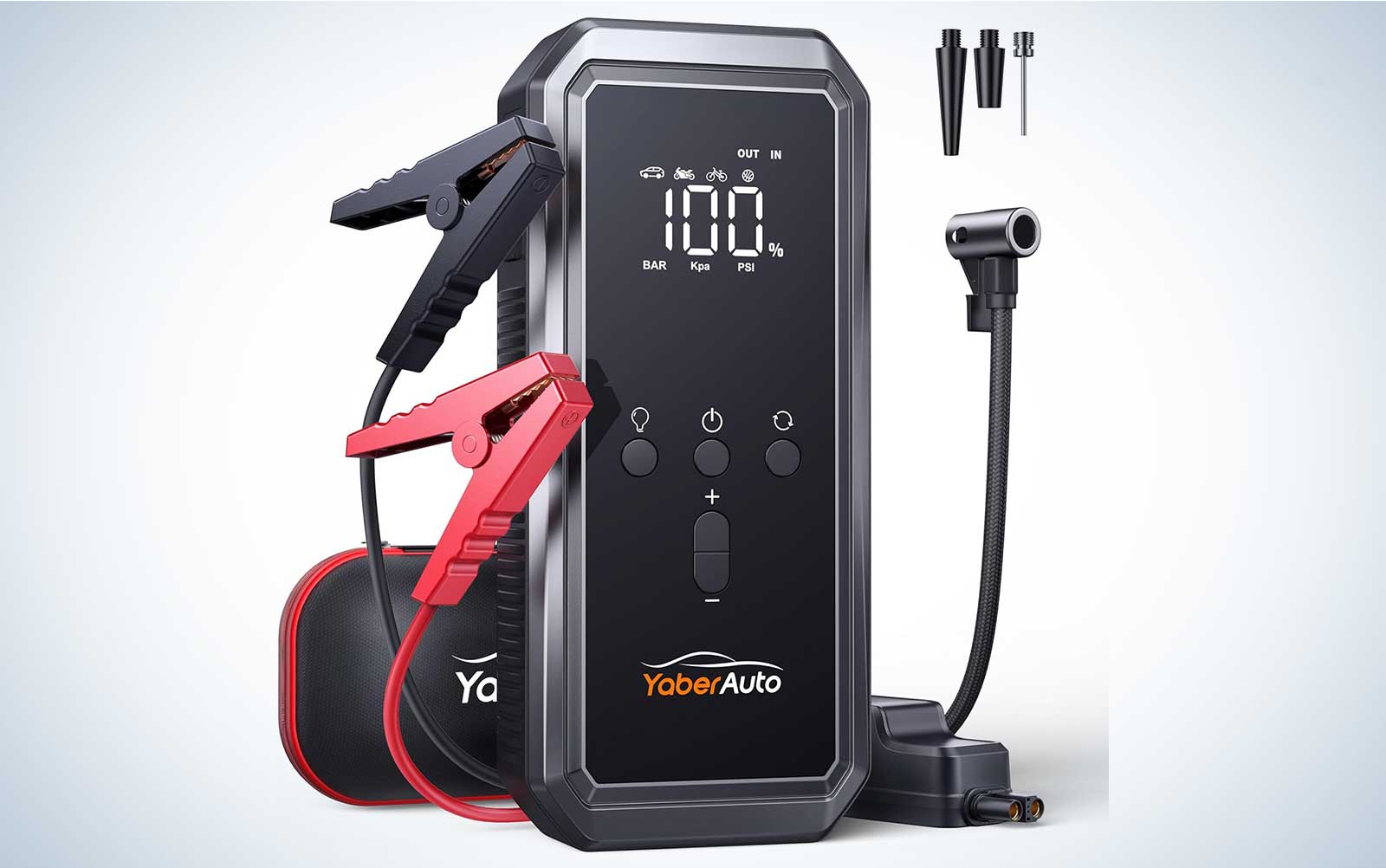 Yaber Auto car jump starter on a plain background with its accessories