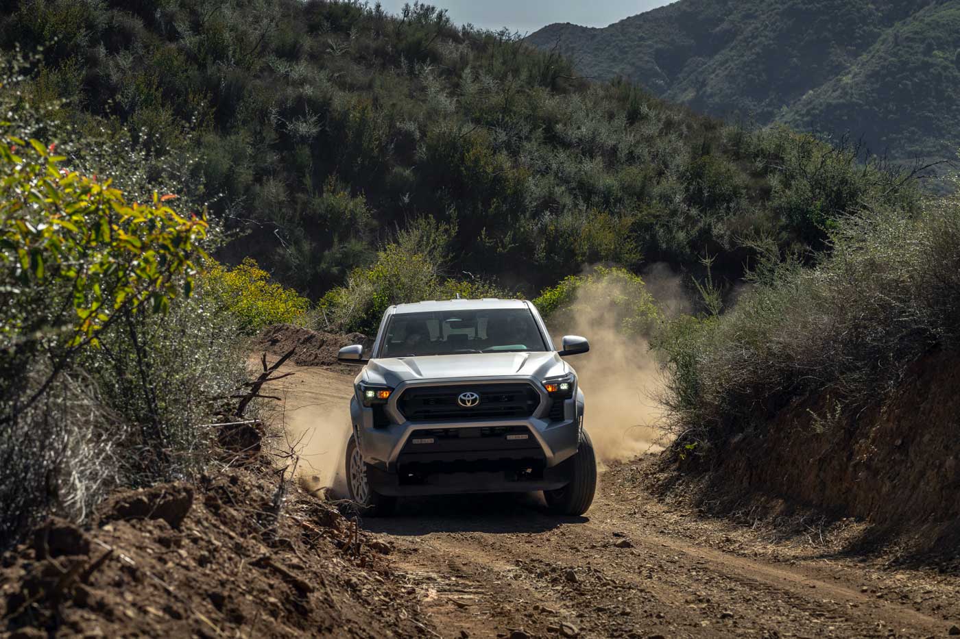 2024 Toyota Tacoma pickup truck first drive: a white truck driving through a dirt road