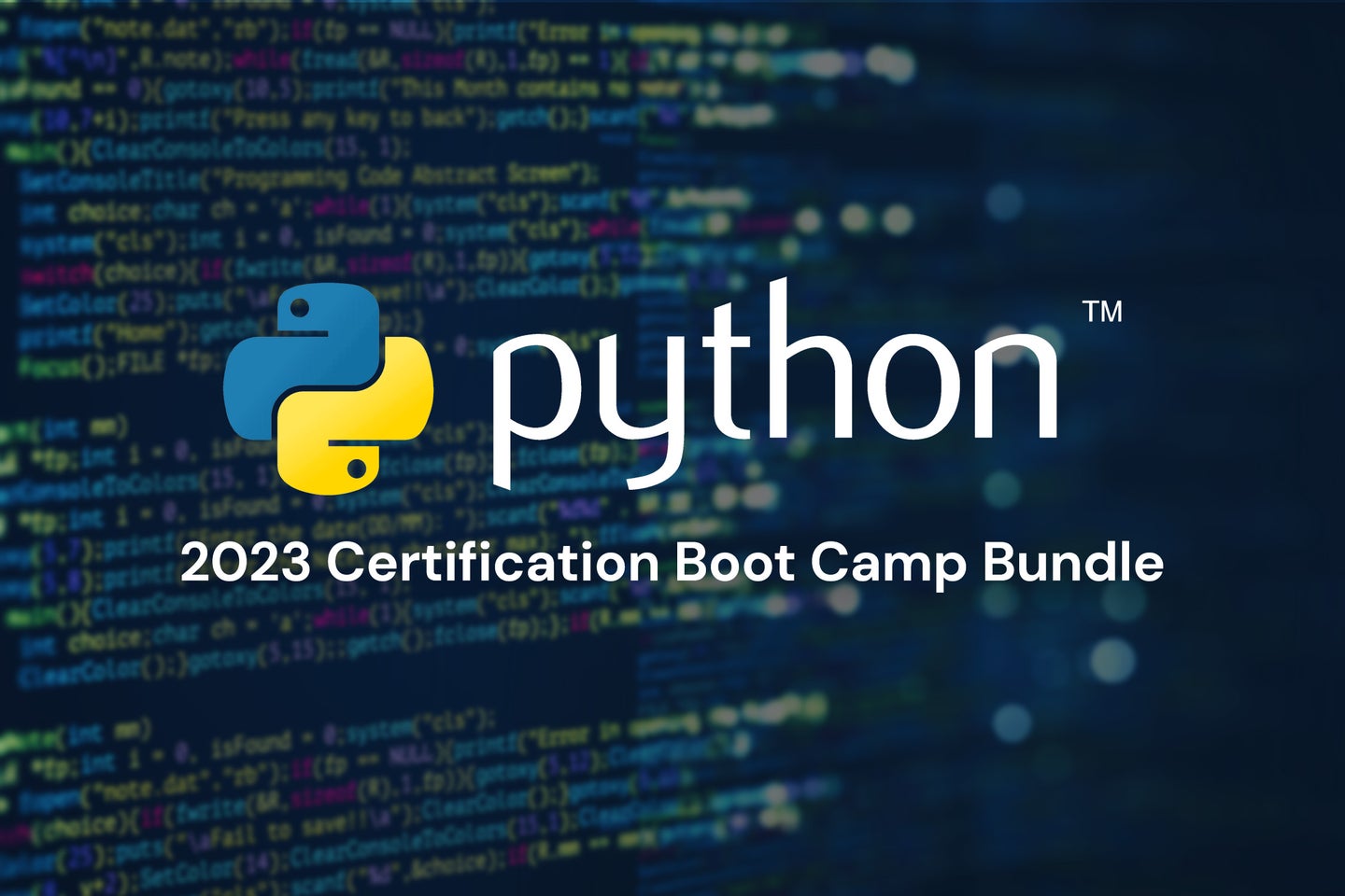A Python certification boot camp bundle logo on a computer with blurry code in the background