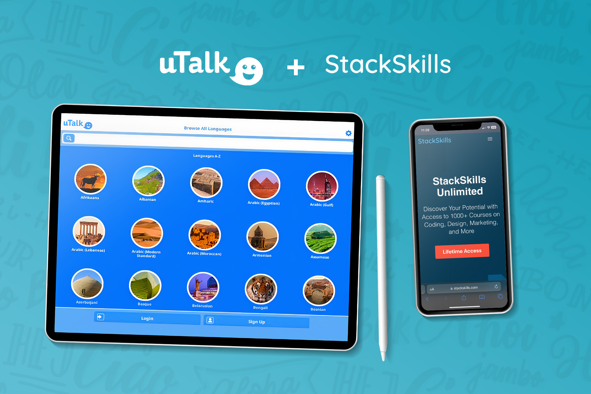 An advertisement for uTalk and StackSkills on a teal background