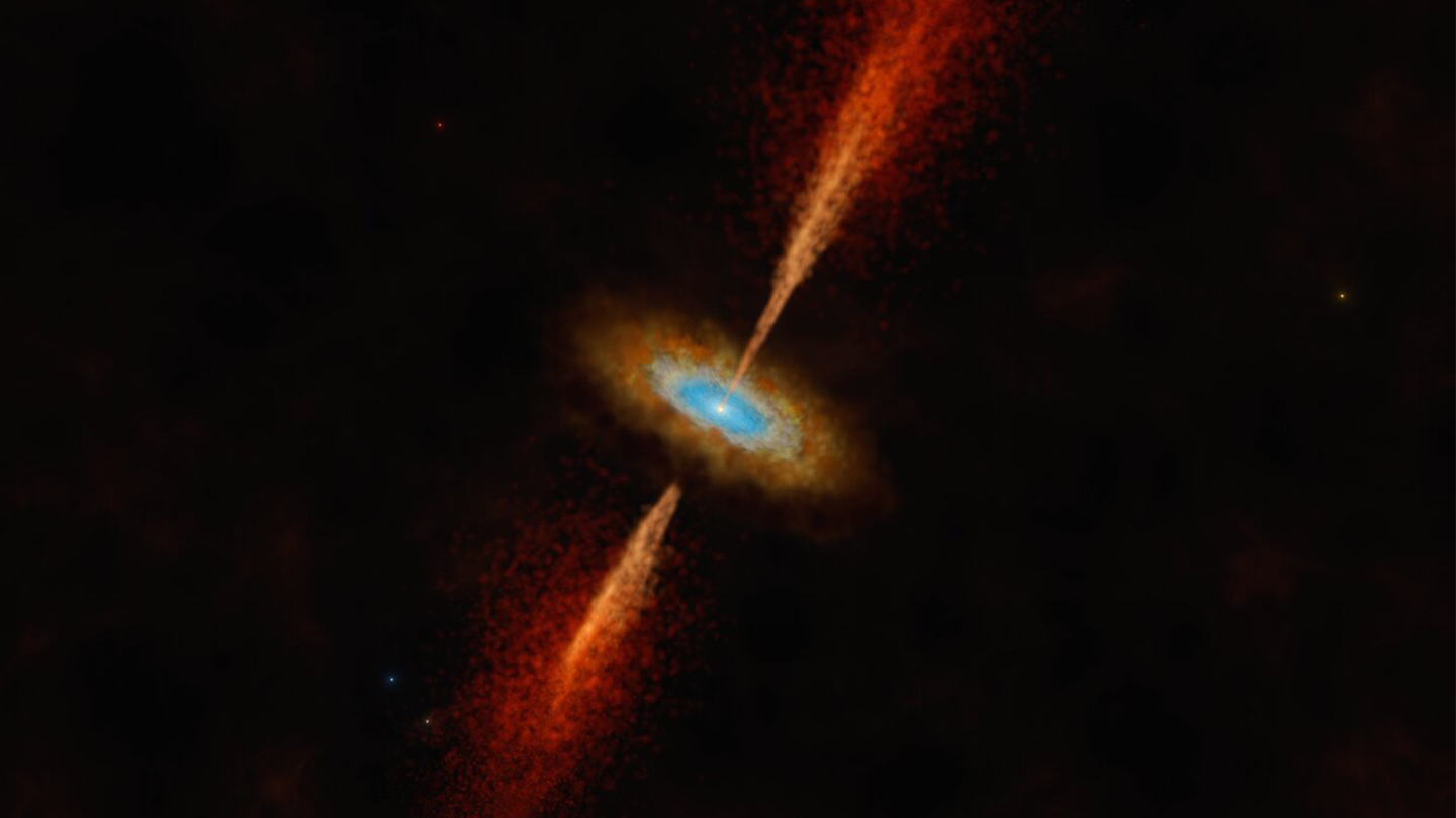 An artist’s impression showing the HH 1177 system. The young and massive stellar object glowing in the center is collecting matter from a dusty disc while also expelling matter in powerful jets. This is the first time a disc around a young star has been discovered in another galaxy.