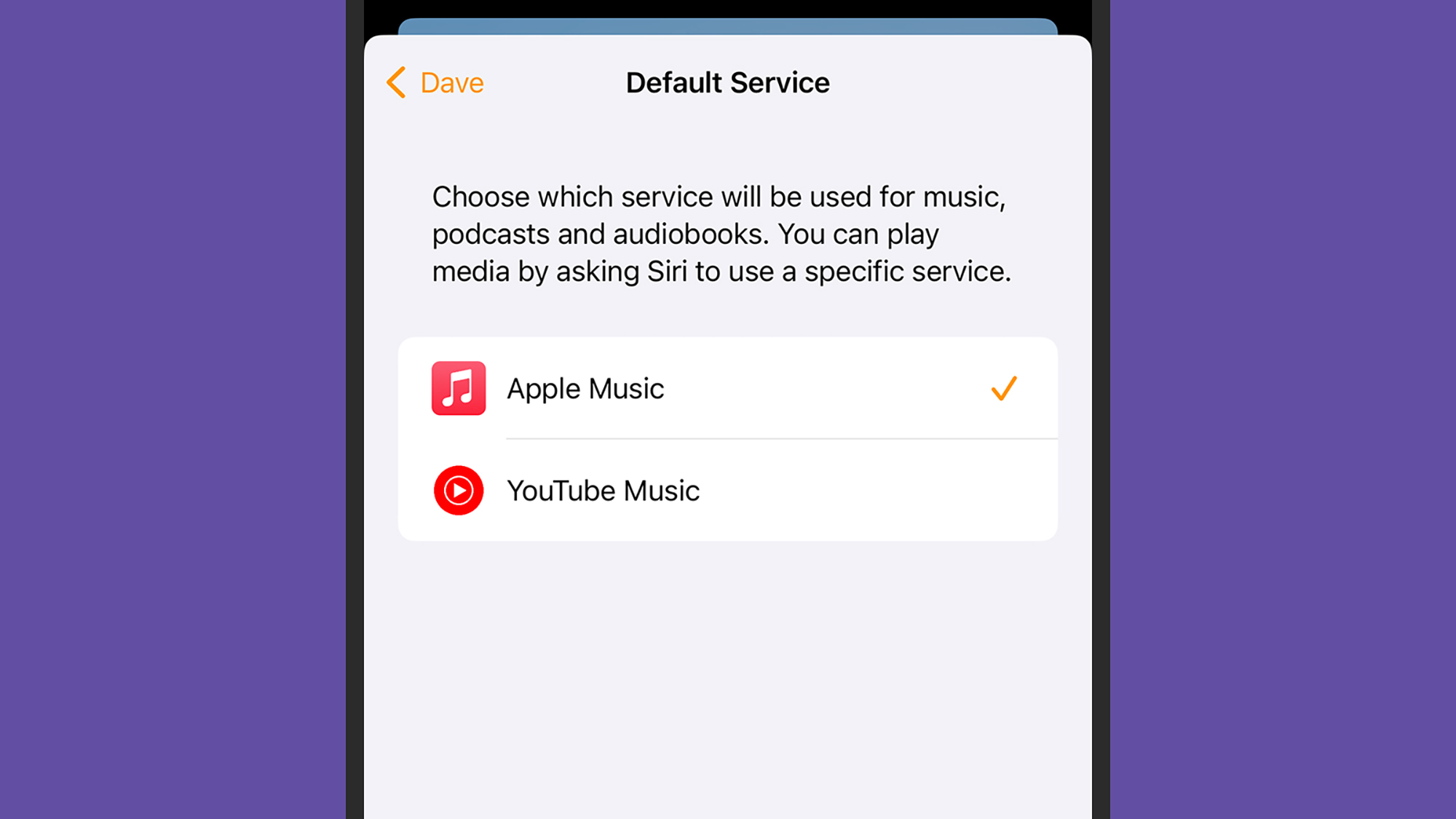 Changing the default music service only takes a few taps.