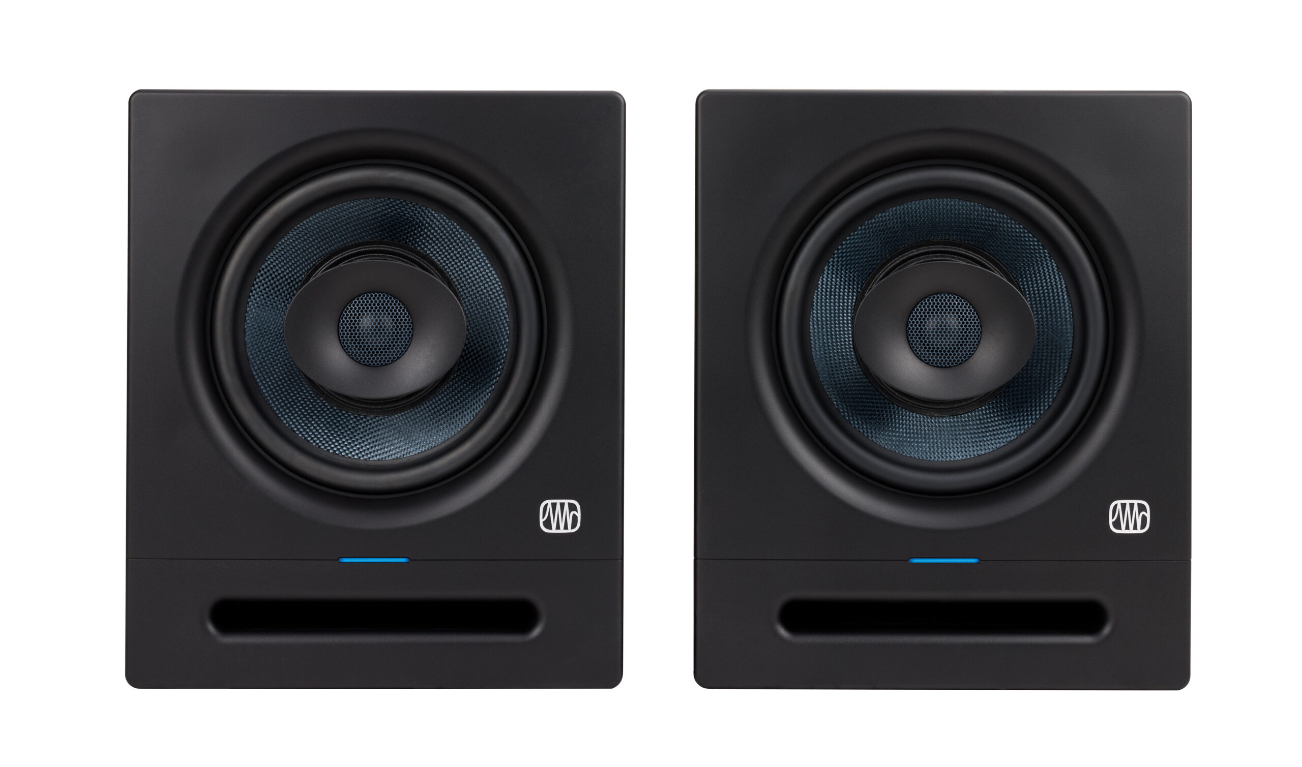 A pair of PreSonus subwoofers on a plain background