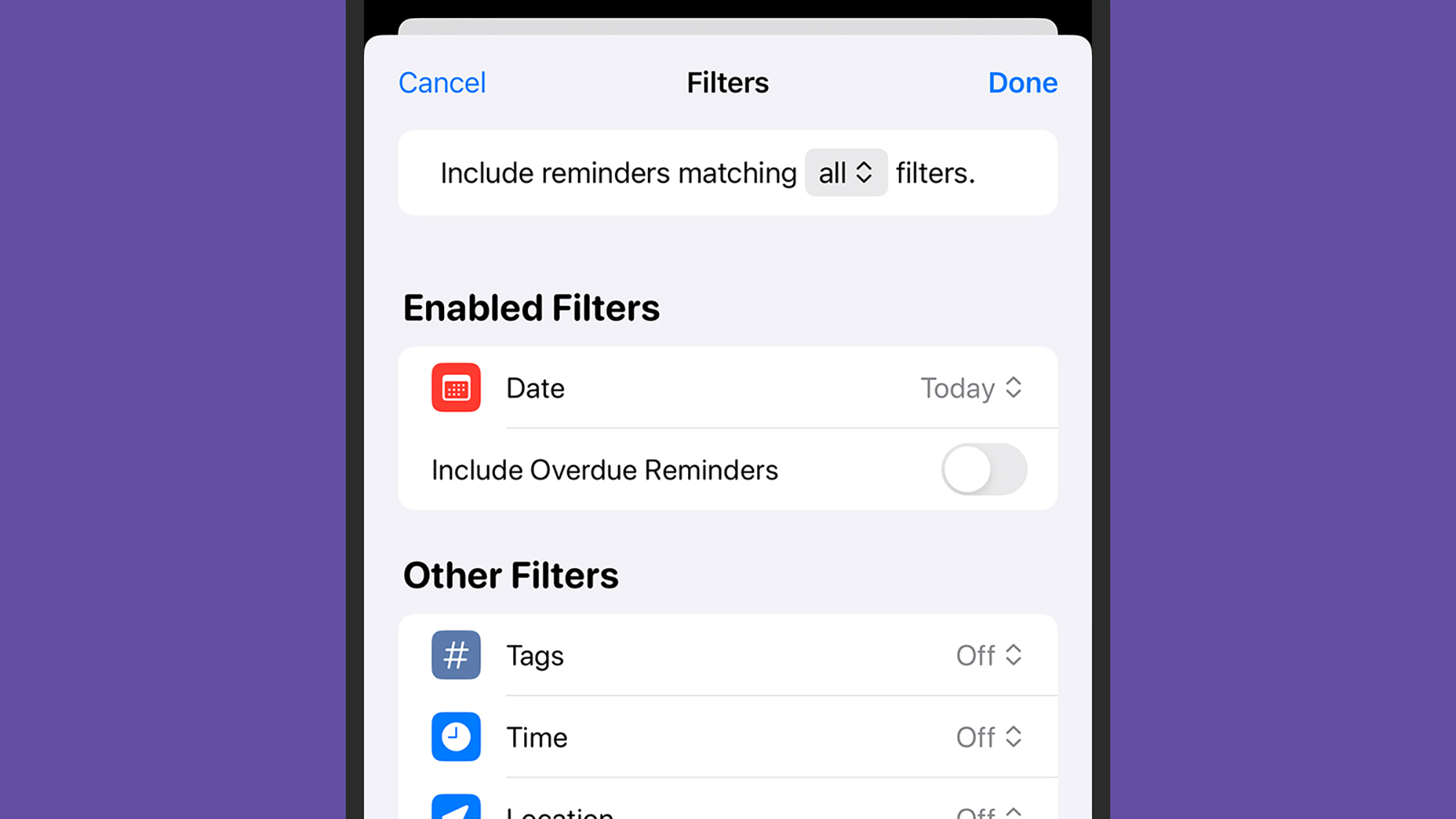 Smart lists let you automatically group reminders together. 