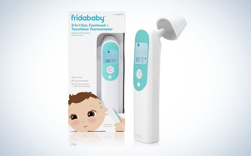 A Frida Baby 3-in-1 kids thermometer on a plain background.