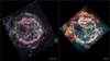 A side-by-side comparison of supernova remnant Cassiopeia A as captured by NASAâs James Webb Space Telescopeâs NIRCam (Near-Infrared Camera) and MIRI (Mid-Infrared Instrument). At first glance, Webbâs NIRCam image appears less colorful than the MIRI image overall, but this is due to the wavelengths in which the material from the object is emitting its light. The NIRCam image appears a bit sharper than the MIRI image due to its increased resolution. CREDIT: NASA, ESA, CSA, STScI, Danny Milisavljevic (Purdue University), Ilse De Looze (UGent), Tea Temim (Princeton University)