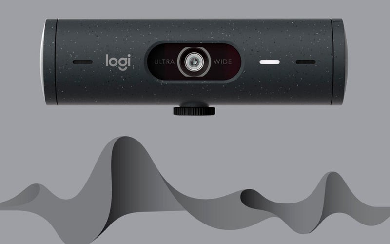 Logitech Logi webcam on a gray background with a squiggle graphic below it.