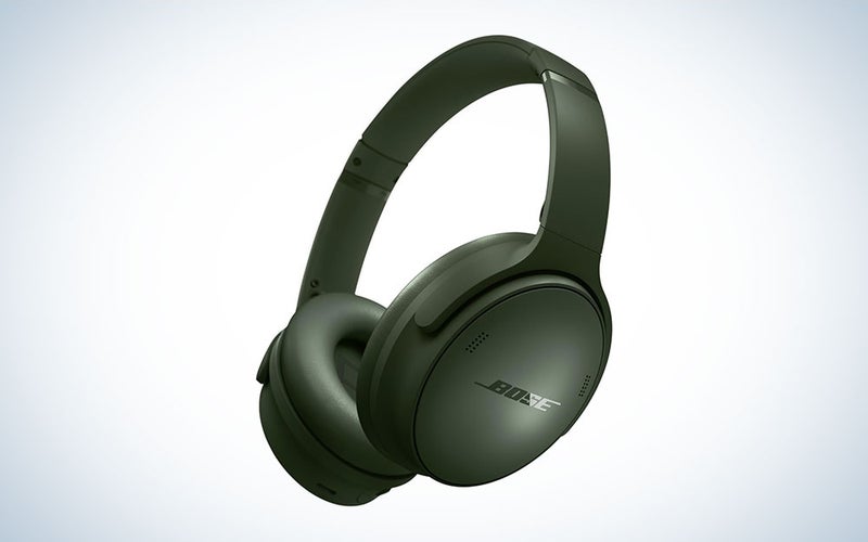 A pair of green Bose Quiet Comfort headphones on a plain background