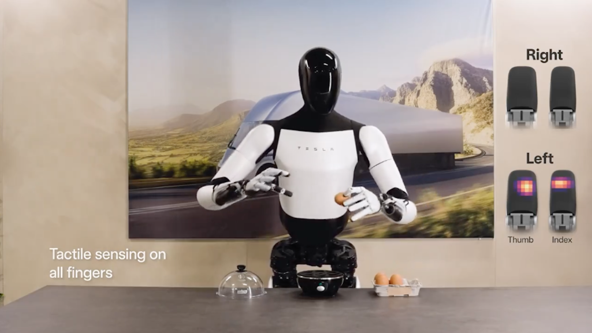 Tesla Optimus robot handling an egg in demo video