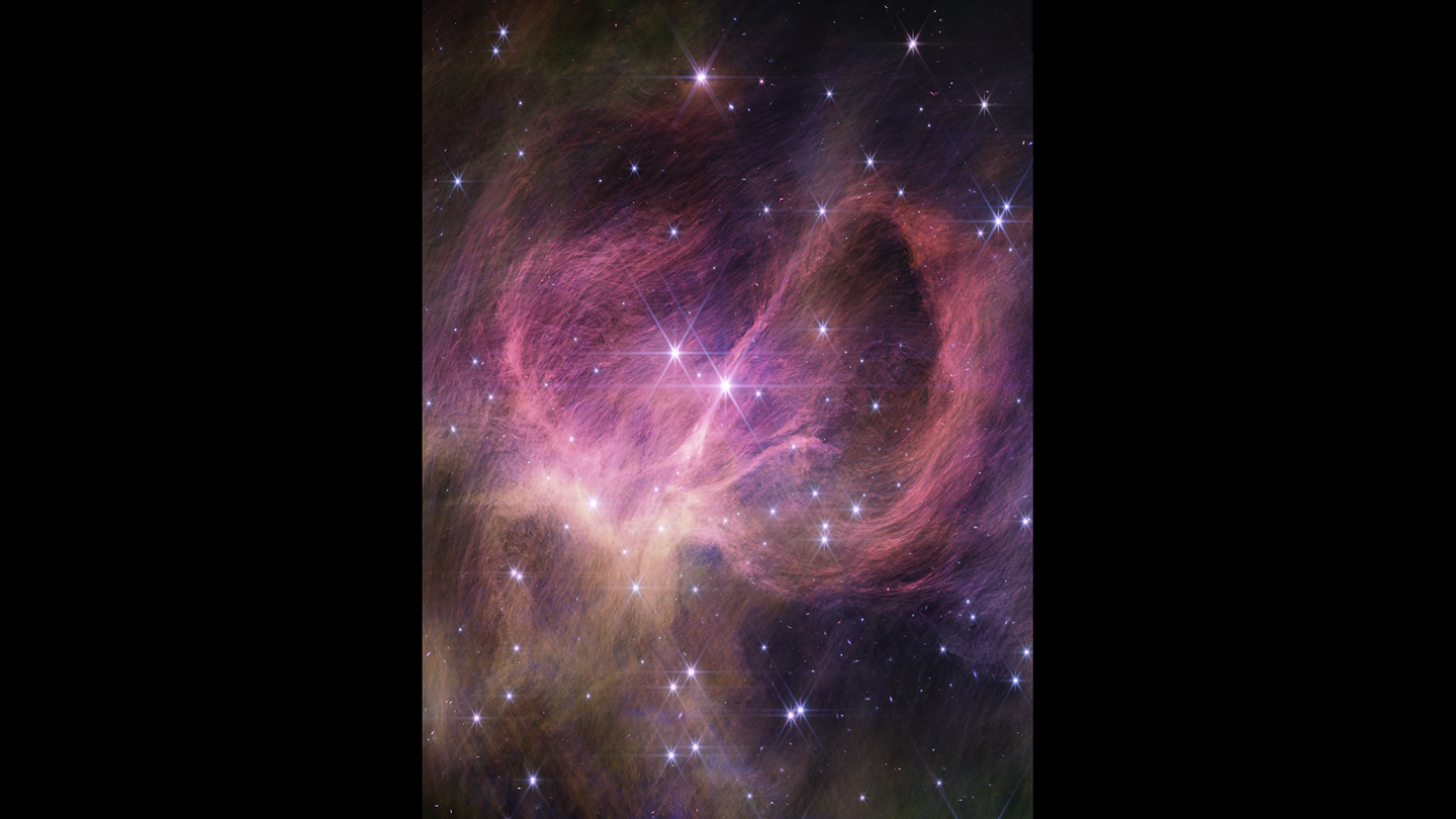 This image from the Near-Infrared Camera instrument on the James Webb Space Telescope shows the central portion of the star cluster IC 348. The wispy curtains filling the image are interstellar material reflecting the light from the cluster’s stars. The bright star closest to the center of the frame is actually a pair of type B stars in a binary system, which are the most massive stars in the cluster. Winds from these stars may help sculpt the large loop seen on the right side of the field of view.