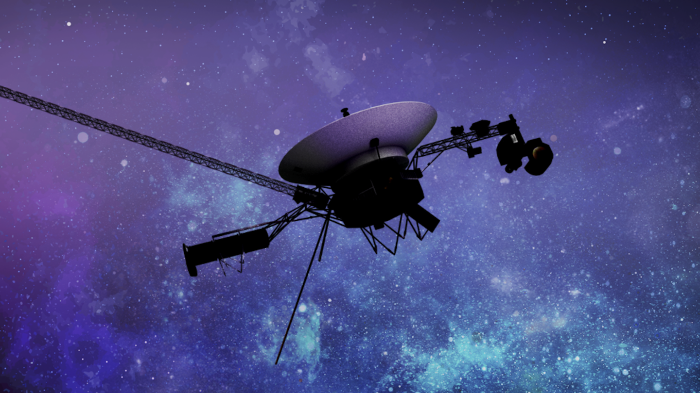 Artist art of Voyager space probe against purple cosmic background