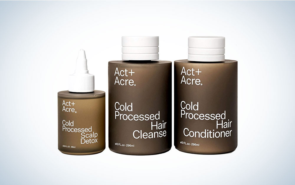 A cold processed hair cleanse set from Act+Acre on a plain background