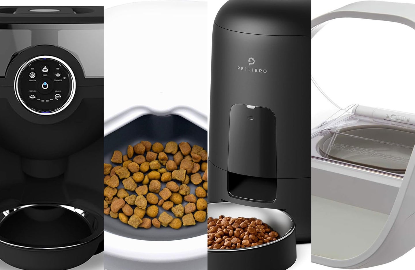 A lineup of the best automatic cat feeders on a plain background