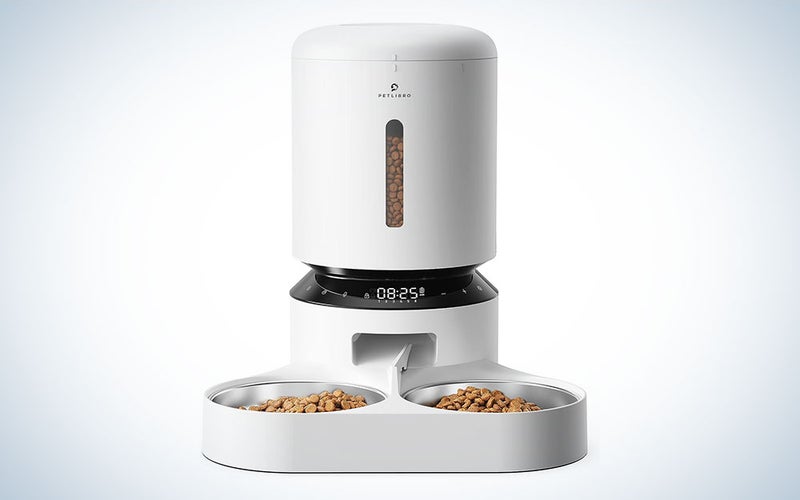 A white PETLIBRO two-cat feeder on a plain background.