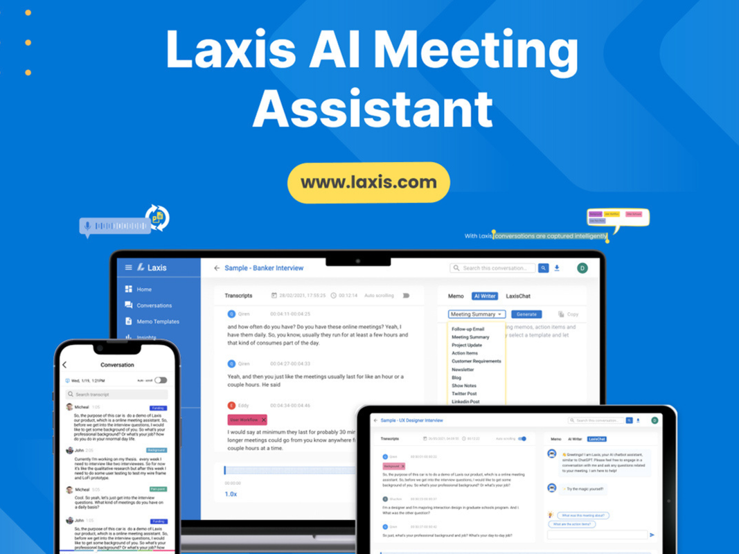 Laxis AI meeting assistant pulled up on a laptop, phone, and tablet on a plain background