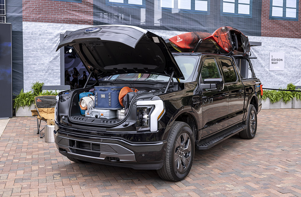 The Ford F-150 Lightning's "Mega Power Front Trunk" has 14.1 cubic feet of capacity. Credit: Ford
