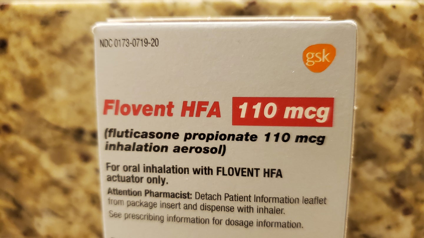 The packaging for an inhaler called Flovent HFA. Flovent is a popular inhaled corticosteroid that helps keep inflammation in the lungs low and the airways open for people with asthma.