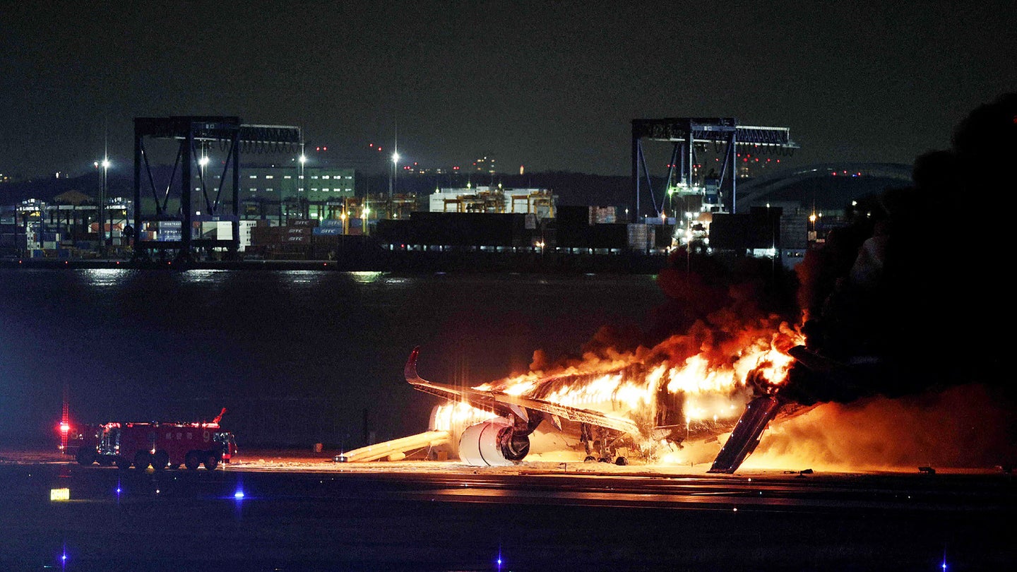 Japan Airlines Airbus on fire at Tokyo airport