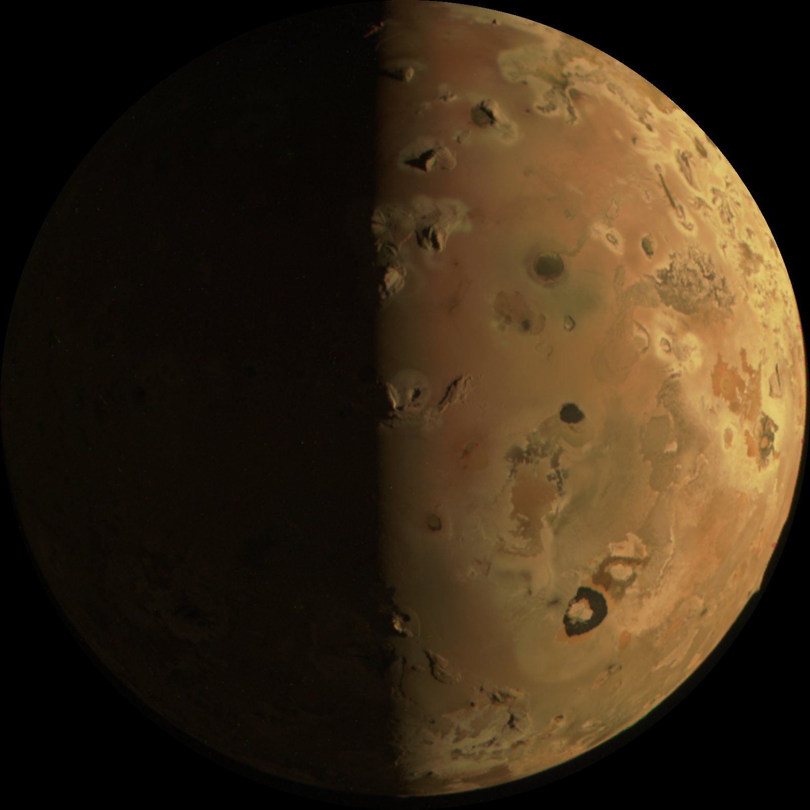 On December 30, 2023, the Juno spacecraft flew within roughly 930 miles of the moon Io. The spacecraftâs JunoCam imager captured images of a red sphere dotted with volcanoes. CREDIT: NASA/SwRI/MSSS