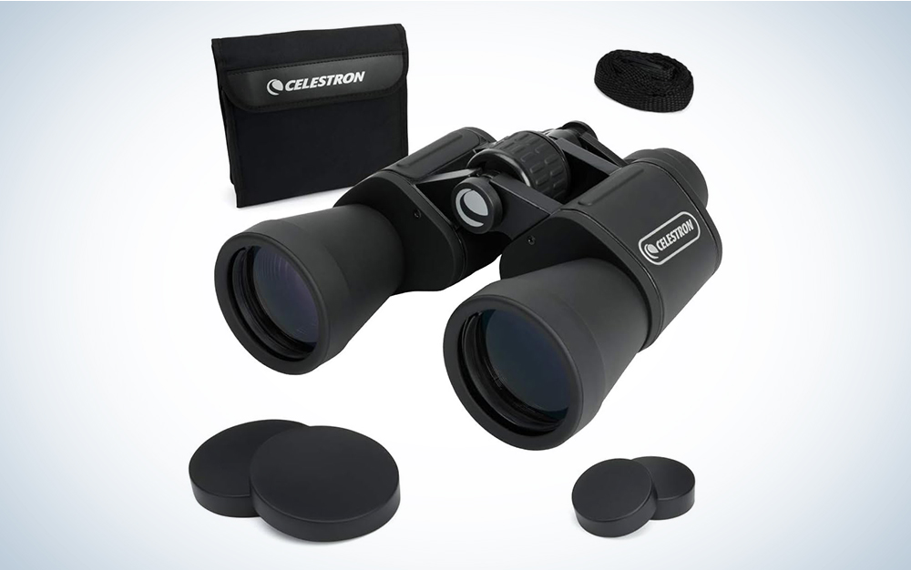 Black Celestron UpClose G2 10x50 budget binoculars for astronomy shown with case and lens caps