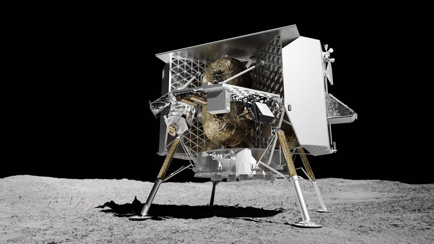 Rendering of Astrobotic Peregrin lunar lander on moon's surface