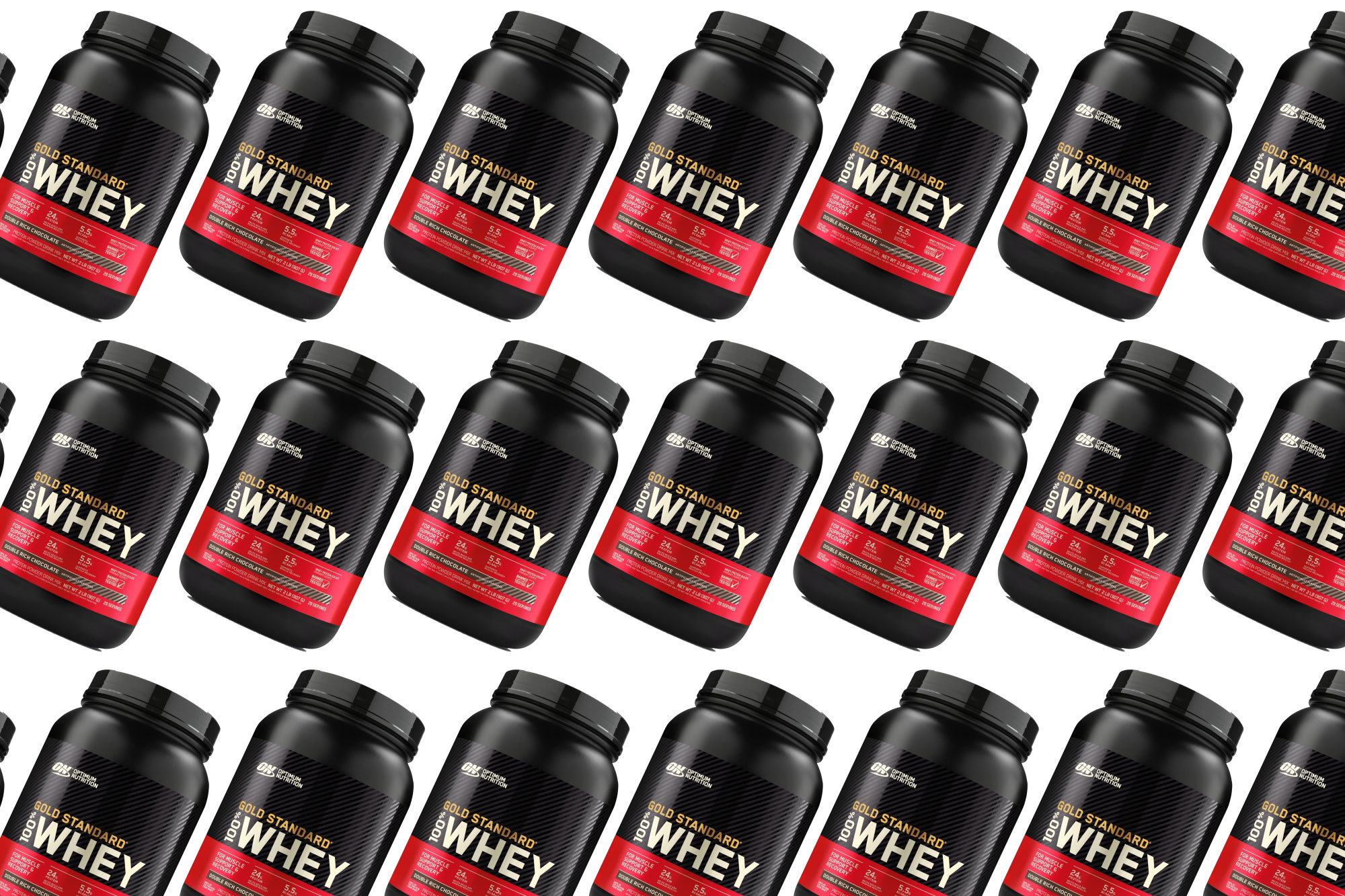 A container of Optimum Nutrition Gold Standard protein powder on a plain background.