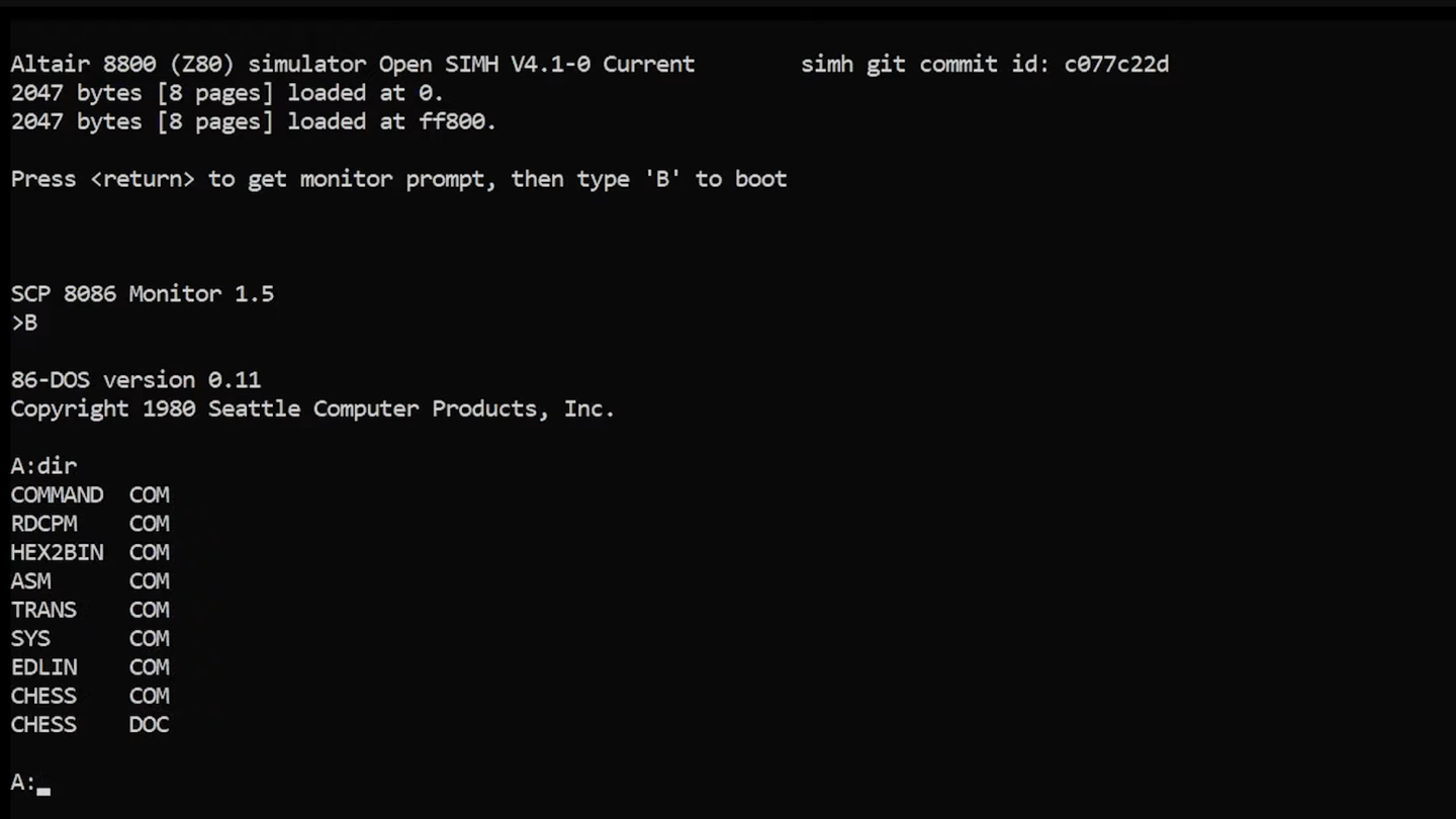 Screenshot of emulator running 86-DOS version 0.1
