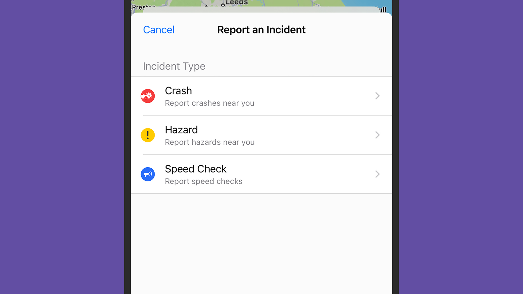 You can report incidents in iOS whether or not you're driving. Credit: David Nield