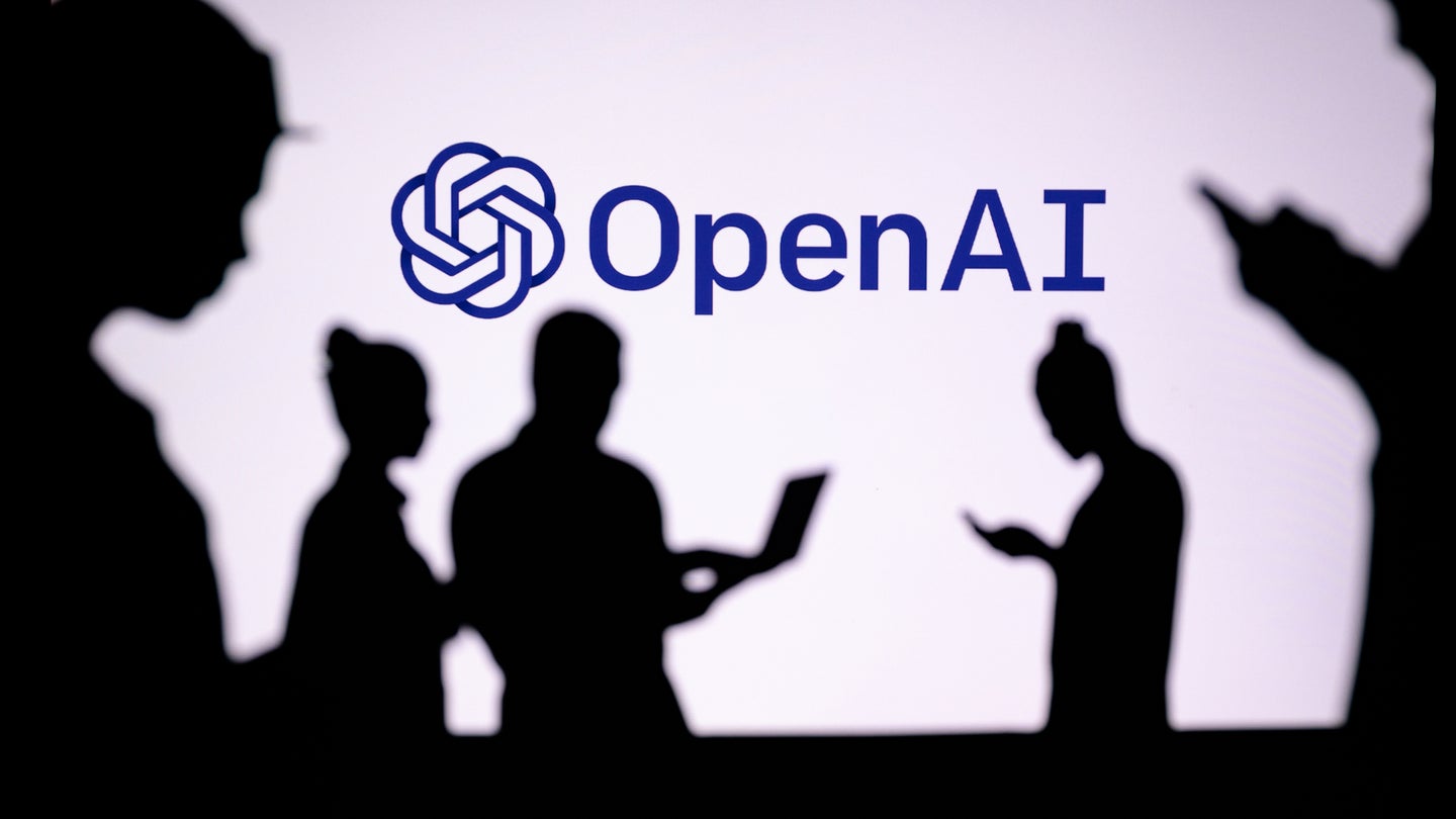 Silhouette of people using phones against OpenAI logo