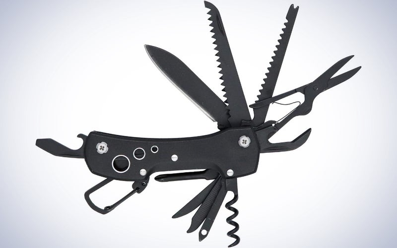 An Amazon Basics 15-in-1 Stainless Steel Multitool on a plain background