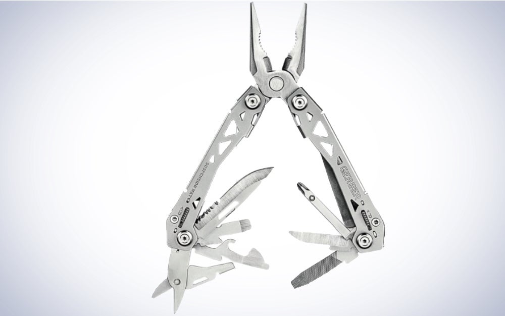 A silver Gerber Gear Suspension-NXT 15-in-1 Multitool on a plain background