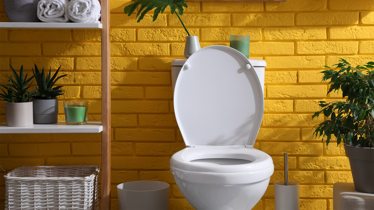 A white toilet bowl in a bathroom with yellow brick walls is surrounded by multiple shelves holding plants and towels.