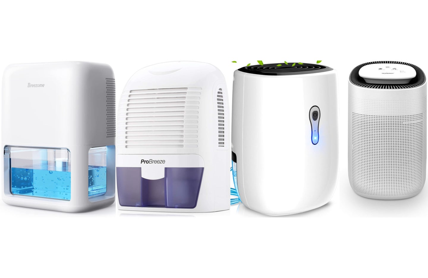 Four of the best small humidifiers side by side on a plain white background.