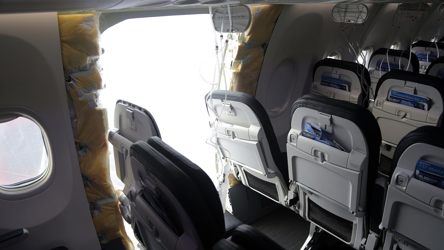 Interior of Boeing 737-9 Max with emergency passenger door plug blown off