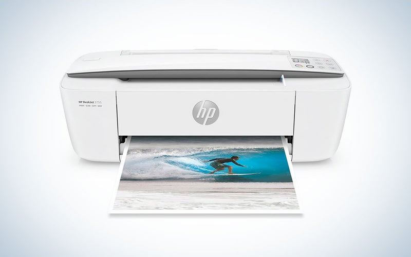 A white HP DeskJet Compact All-in-One AirPrint Printer on a plain background