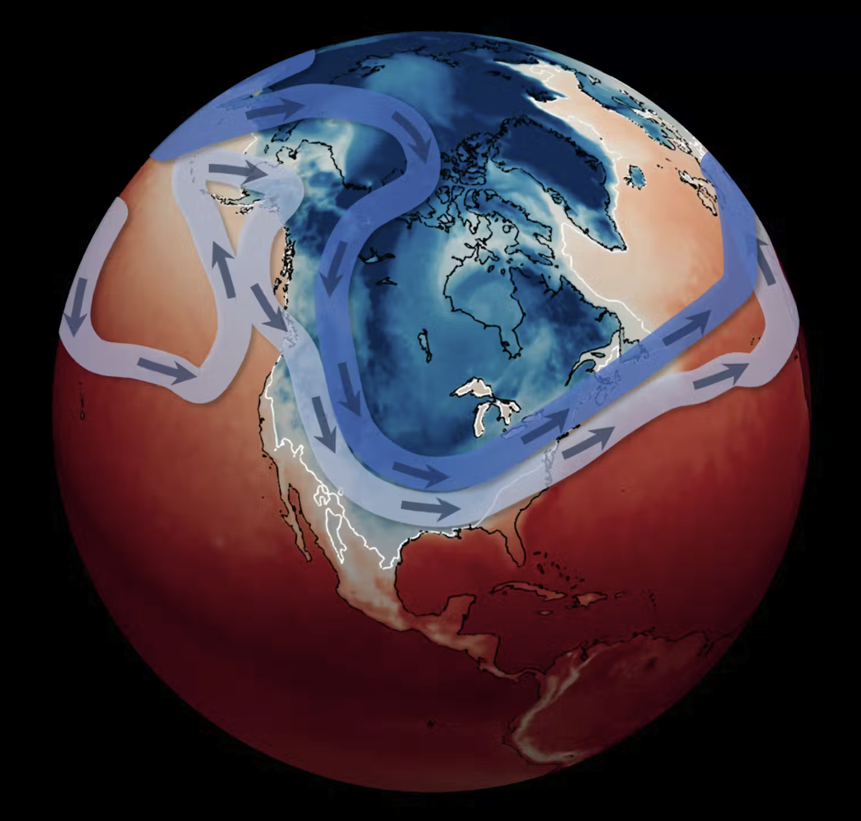 Surface temperatures and the jet stream at 7 a.m. EST on Jan. 16, 2024, with the stratospheric polar vortex also shown as the dark blue line. Mathew Barlow/UMass Lowell, CC BY