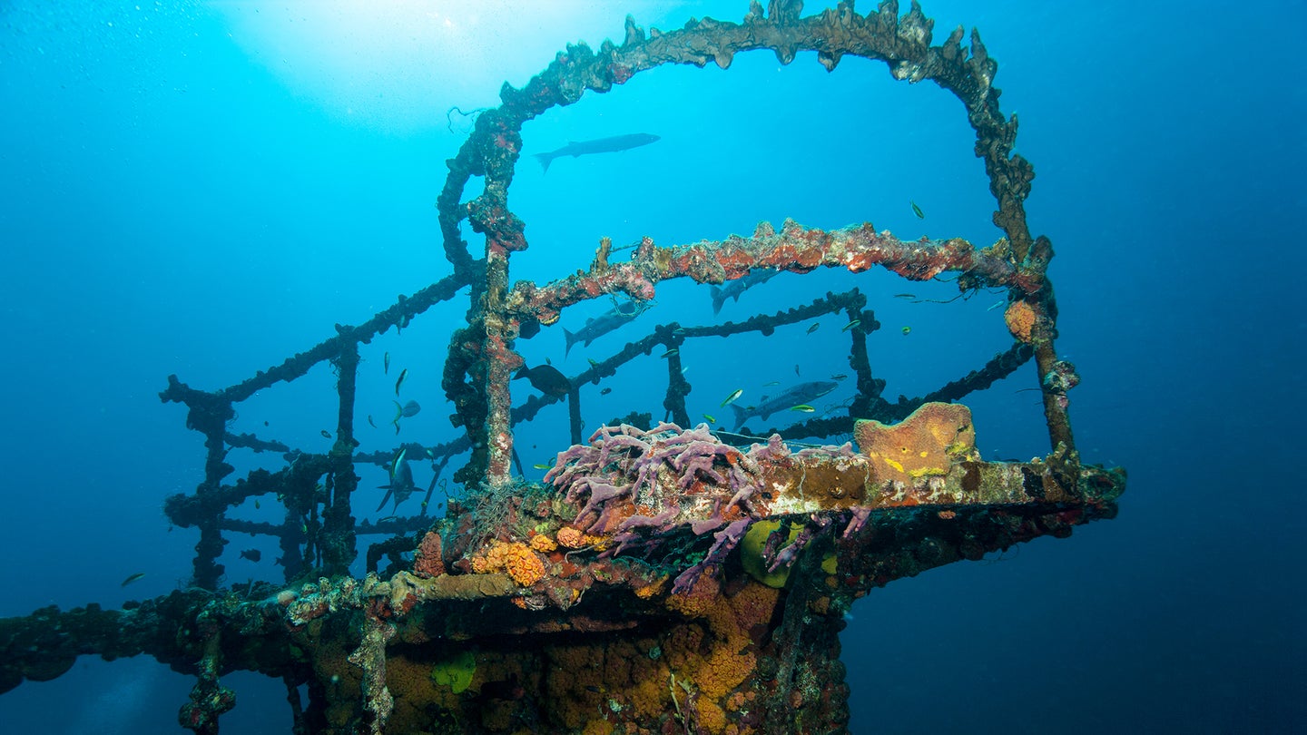 The bow of the U.S. Coast Guard cutter Duane, a decommissioned ship deliberately sunk off Florida to serve as an artificial reef.