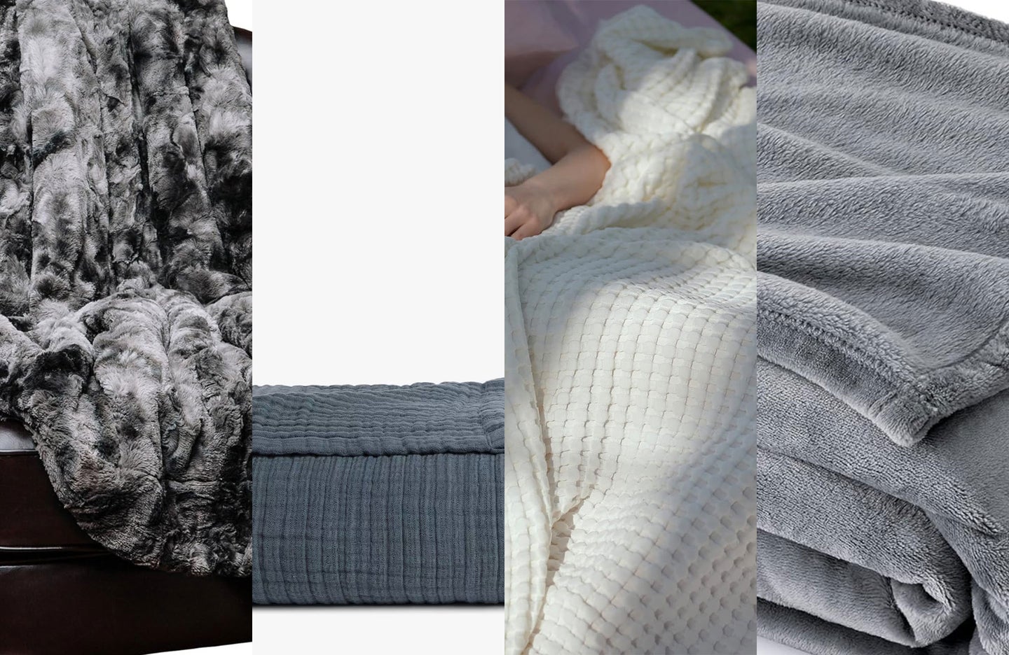 A lineup of the best blankets on a plain background.