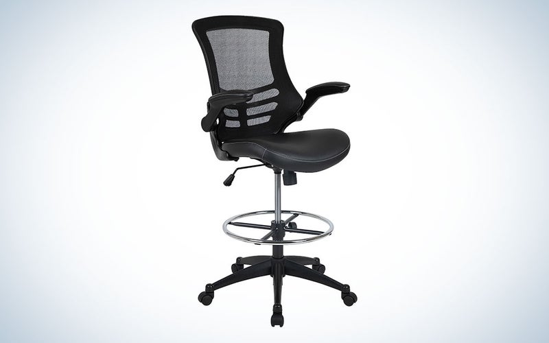 The Flash Furniture Kelista Mid-Back Black Mesh Ergonomic Drafting Chair on a plain background
