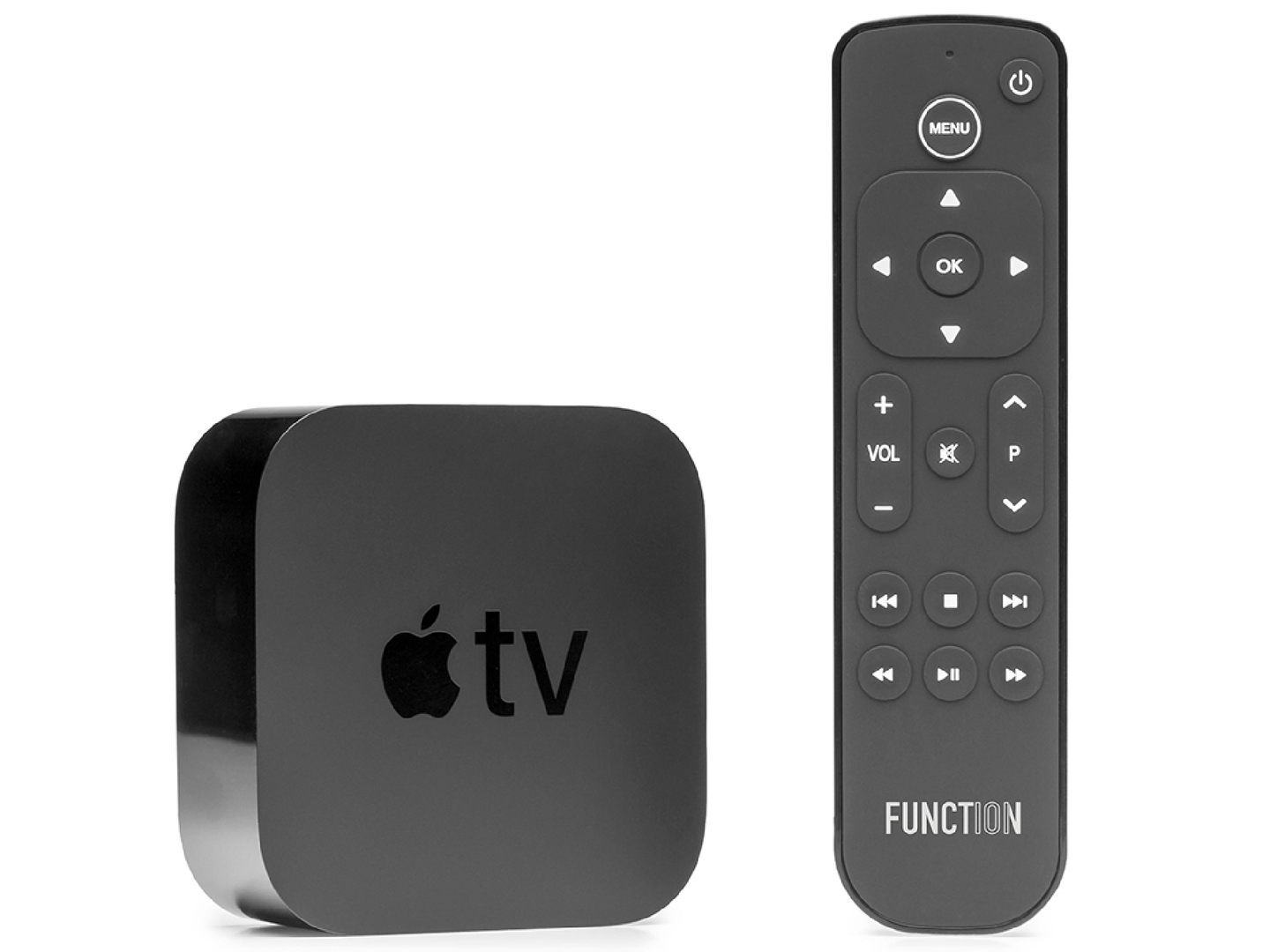 An Apple TV and Function101 4K smart TV remote on a plain background.
