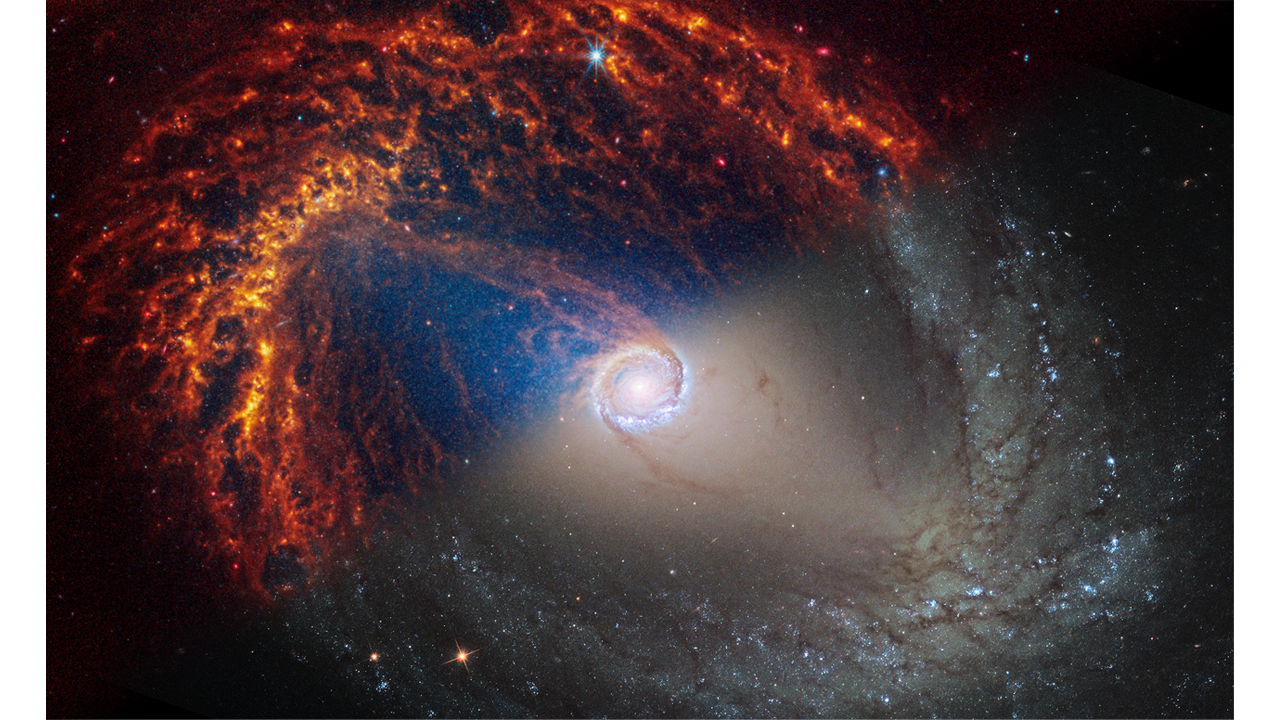 Face-on barred spiral galaxy, NGC 1512, is split diagonally in this image. The JWSTâs observations appear at top left, and the Hubble Space Telescopeâs on bottom right. JWSTâs observations combine near- and mid-infrared light and Hubbleâs showcase visible and ultraviolet light. Dust absorbs ultraviolet and visible light, and then re-emits it in the infrared. In JWSTâs images, we see dust glowing in infrared light. In Hubbleâs images, dark regions are where starlight is absorbed by dust. CREDIT: NASA, ESA, CSA, STScI, Janice Lee (STScI), Thomas Williams (Oxford), PHANGS Team