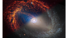 Face-on barred spiral galaxy, NGC 1512, is split diagonally in this image. The JWSTâs observations appear at top left, and the Hubble Space Telescopeâs on bottom right. JWSTâs observations combine near- and mid-infrared light and Hubbleâs showcase visible and ultraviolet light. Dust absorbs ultraviolet and visible light, and then re-emits it in the infrared. In JWSTâs images, we see dust glowing in infrared light. In Hubbleâs images, dark regions are where starlight is absorbed by dust. CREDIT: NASA, ESA, CSA, STScI, Janice Lee (STScI), Thomas Williams (Oxford), PHANGS Team