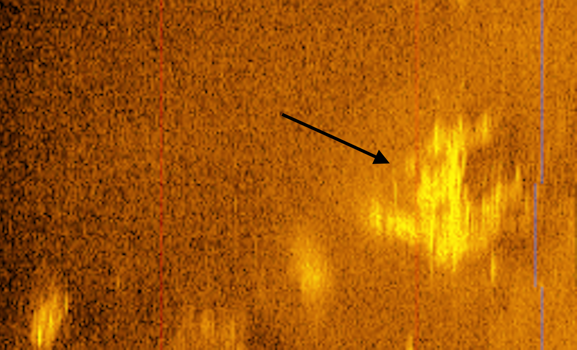 Arrow pointing towards potential sonar scan of Amelia Earhart's airplane