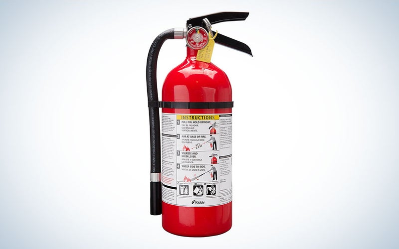 A Kidde Pro 210 fire extinguisher on a plain background.
