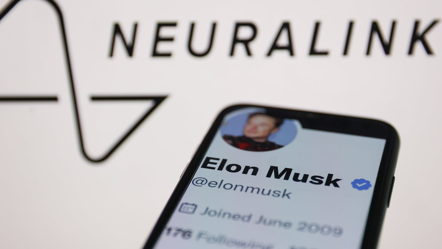Smartphone showing Elon Musk X profile against Neuralink logo backdrop