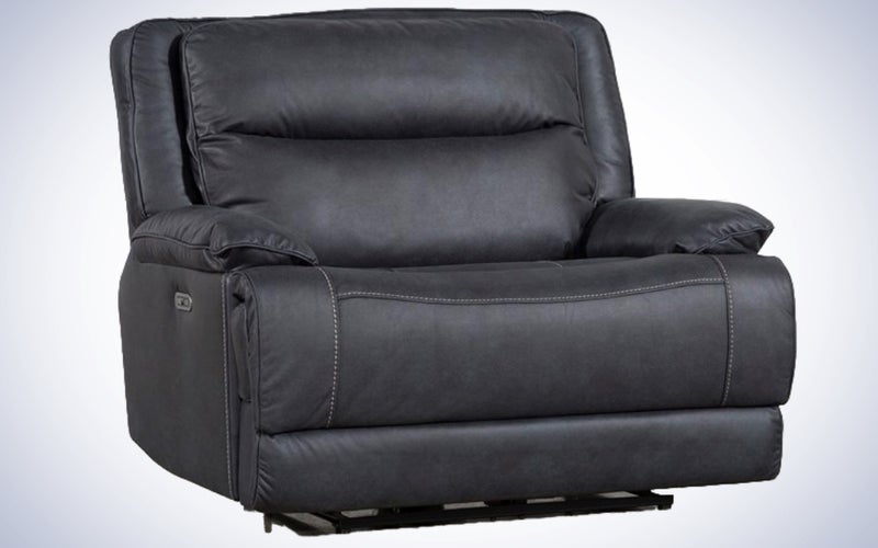 Living Spaces Garland Charcoal Cuddler Power Recliner with Power Headrest & USB on a plain white background.